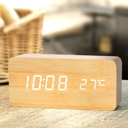Wooden Digital Alarm Clock, LED Alarm Clock with Temperature